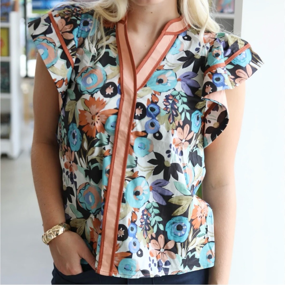 Entro boutique floral flutter sleeve blouse top SzM - Picture 2 of 13